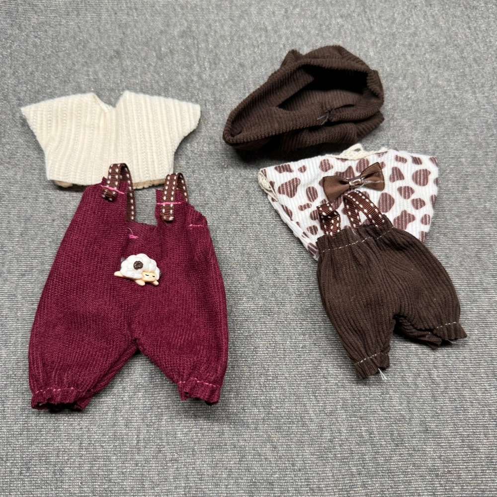 17cm Doll Clothes 5pc Set Burgundy Brown Overalls Hat Labubu Sonny Angel Fits